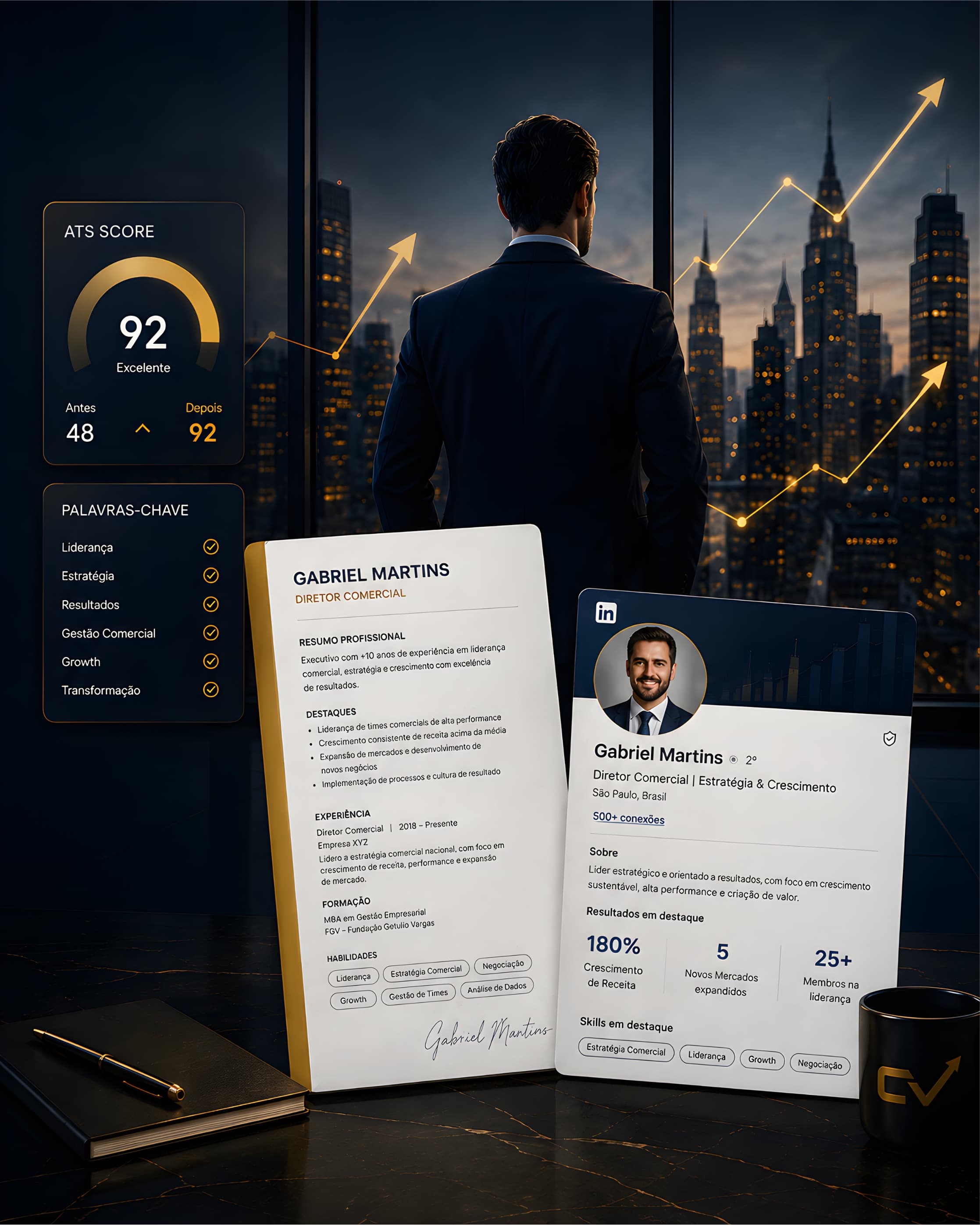 Currículo com ATS Score 92 e perfil de LinkedIn otimizado pela investigação CV Hunter
